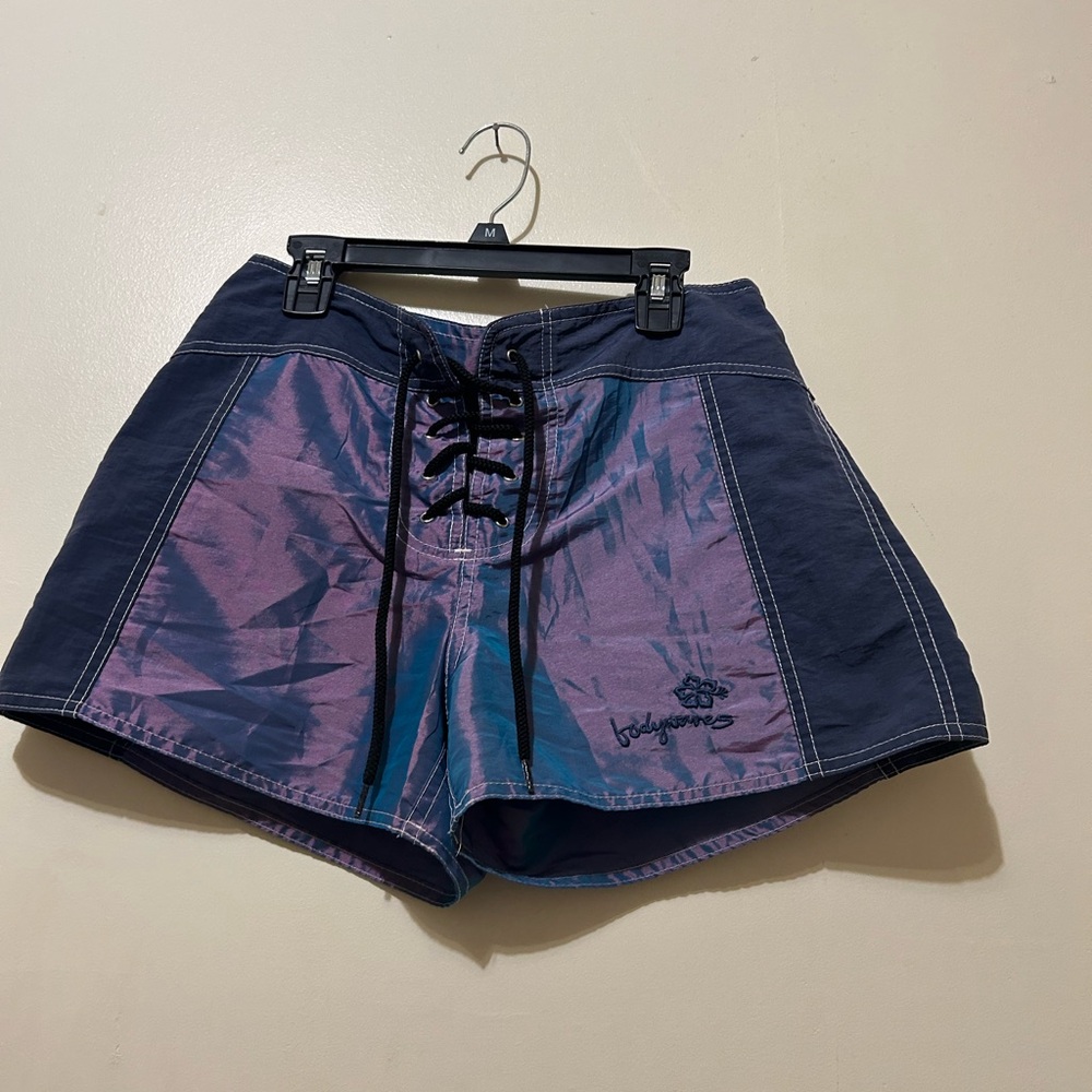 VTG Body Glove Women's Board Swim Shorts Sz 7 Purple Blue Iridescent Lace Up - Picture 5 of 6
